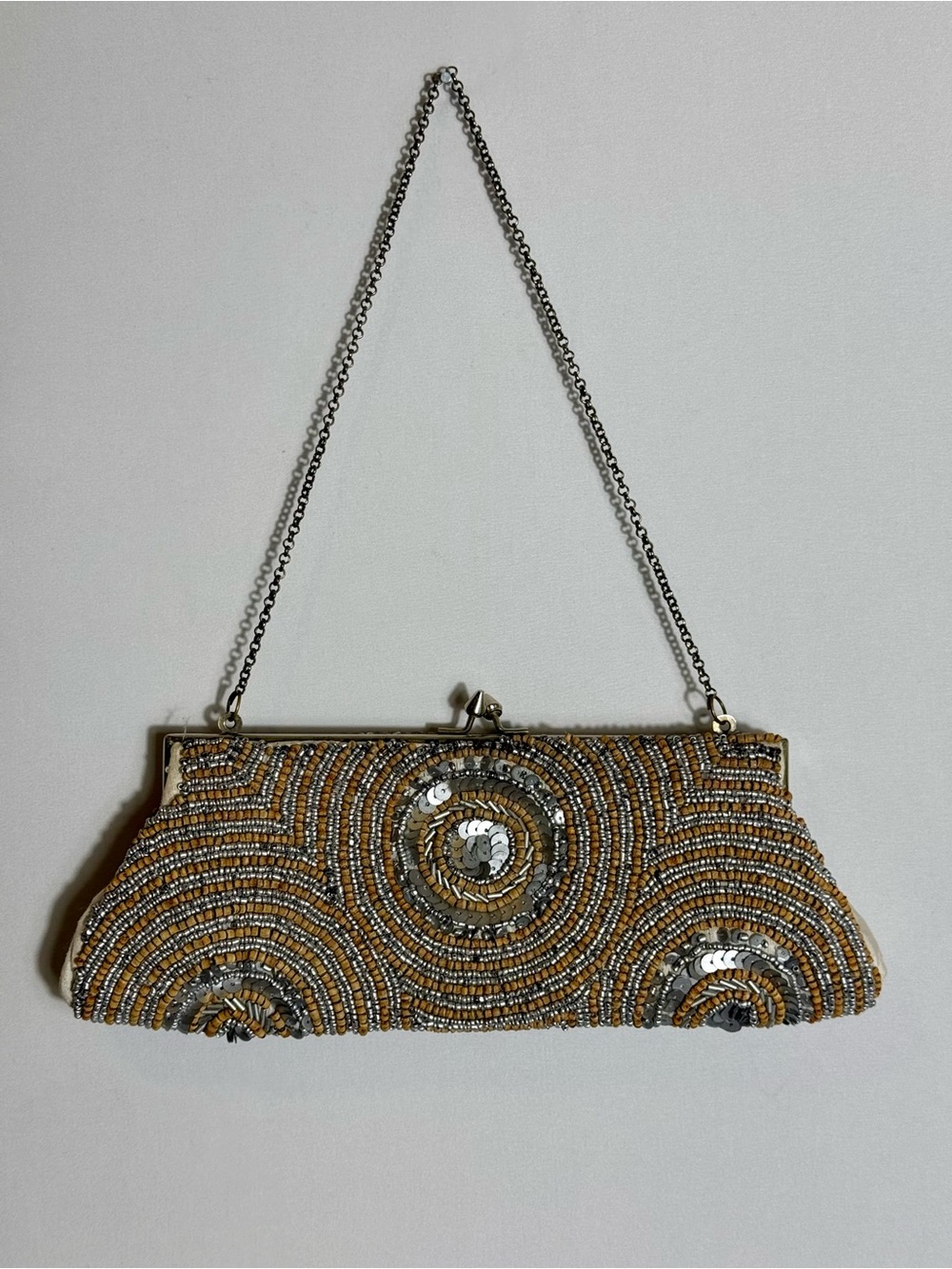 White House Black Market Beaded Clutch in Gold and Silver Tones
